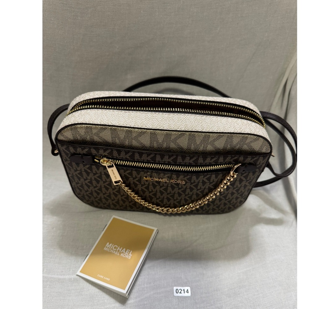 MICHAEL KORS Jet Set Travel Logo Camera Bag Brown White Gold Chain#214‎
